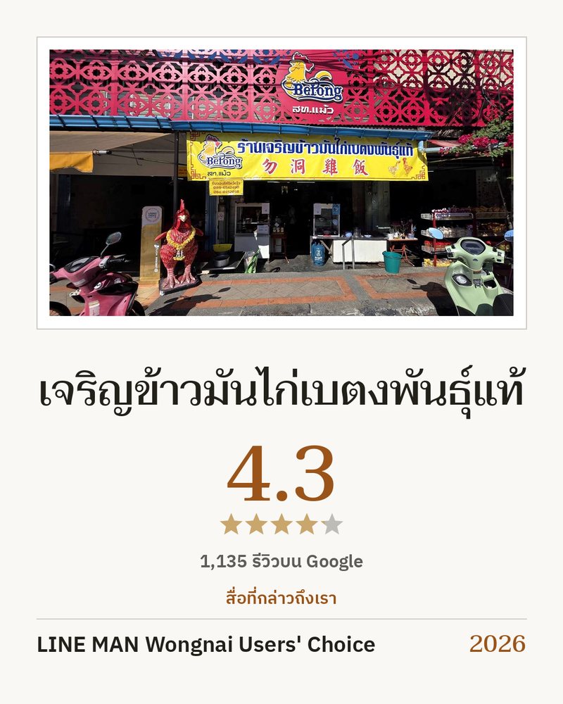 เจริญข้าวมันไก่เบตงพันธุ์แท้ · Google 4.3 ★ · 1,135 รีวิวบน Google · สื่อที่กล่าวถึงเรา: LINE MAN Wongnai Users' Choice 2026